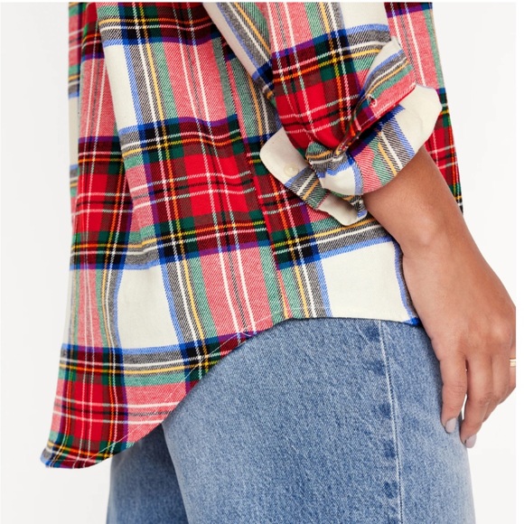 Old Navy White Tartan Loose Flannel Boyfriend Button Up Shirt - Picture 3 of 12